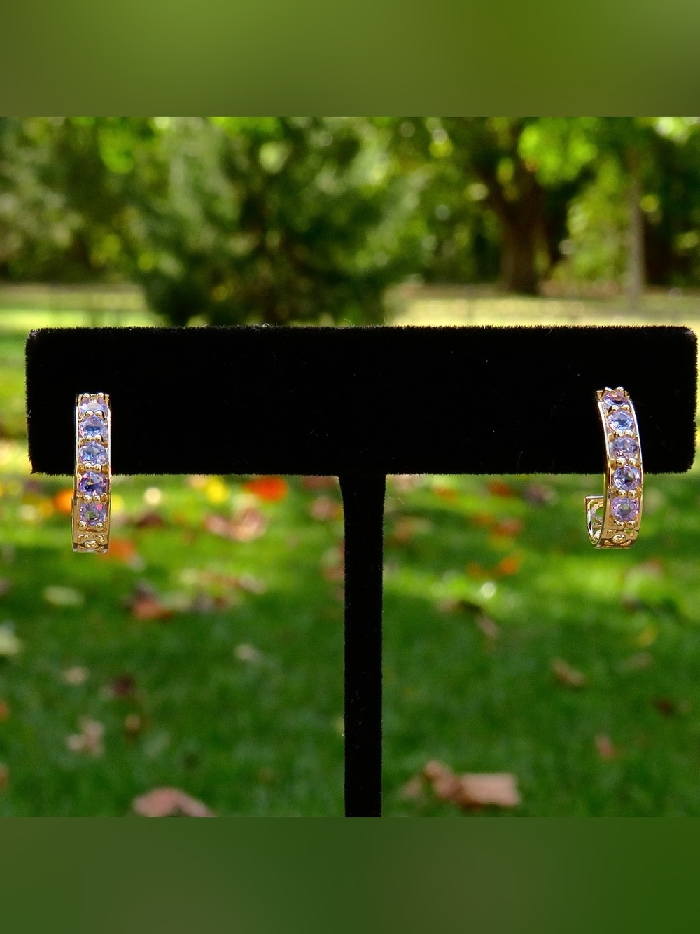 14k yellow gold tanzanite earrings 15mm x 3.5mm